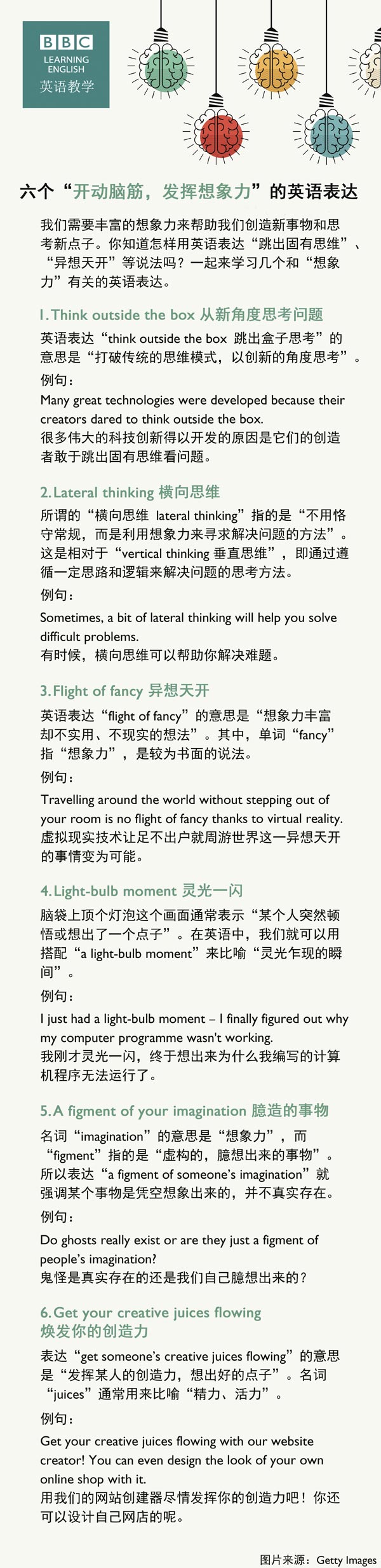 六個(gè)“開(kāi)動(dòng)腦筋，發(fā)揮想象力”的英語(yǔ)表達(dá)